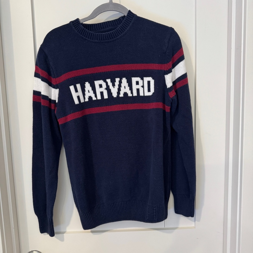 Hillflint Harvard University Navy Blue Striped Knit Crewneck Sweater Mens Small